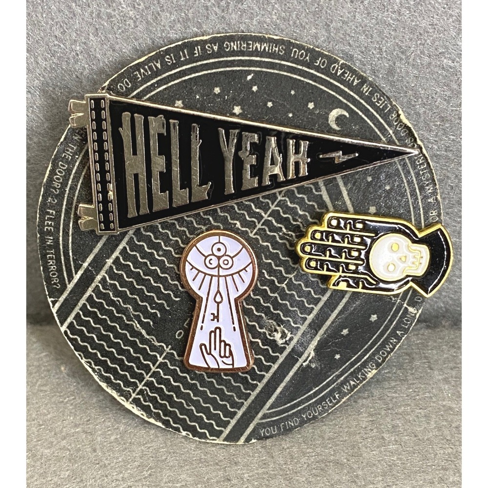 Hell Yeah Pennant Keyhole and Skull Hand Enamel Pin Set Mystical Gothic 3‎ Piece